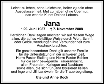Traueranzeige von Jana Bock von Nordwest-Zeitung