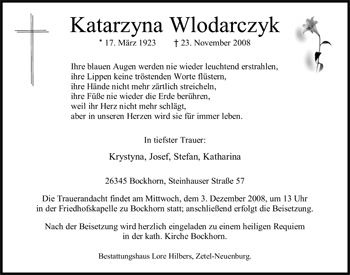 Traueranzeige von Katarzyna Wlodarczyk von Nordwest-Zeitung