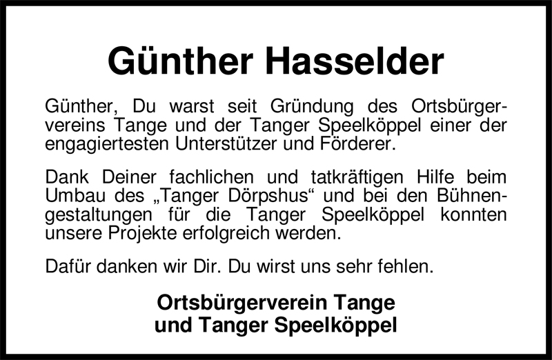  Traueranzeige für Günther Hasselder vom 10.12.2008 aus Nordwest-Zeitung