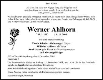 Traueranzeige von Werner Ahlhorn von Nordwest-Zeitung