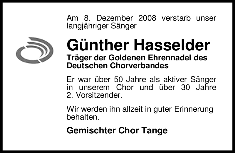  Traueranzeige für Günther Hasselder vom 10.12.2008 aus Nordwest-Zeitung