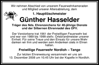 Traueranzeige von Günther Hasselder von Nordwest-Zeitung