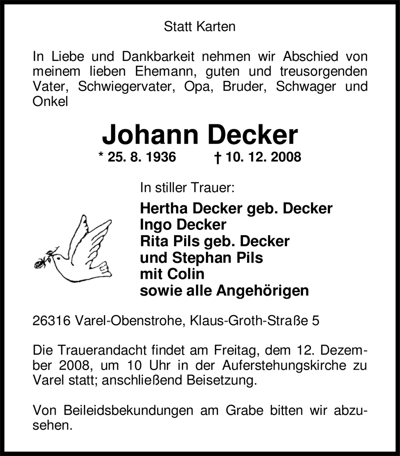  Traueranzeige für Johann Decker vom 11.12.2008 aus Nordwest-Zeitung