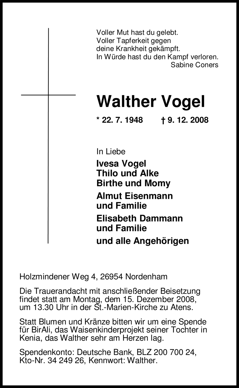  Traueranzeige für Walther Vogel vom 12.12.2008 aus Nordwest-Zeitung