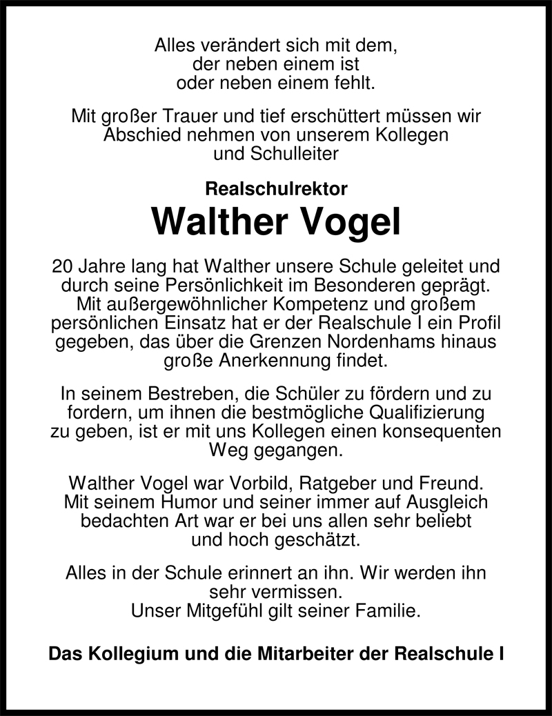  Traueranzeige für Walther Vogel vom 12.12.2008 aus Nordwest-Zeitung