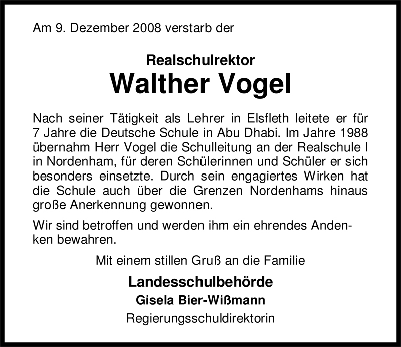  Traueranzeige für Walther Vogel vom 12.12.2008 aus Nordwest-Zeitung