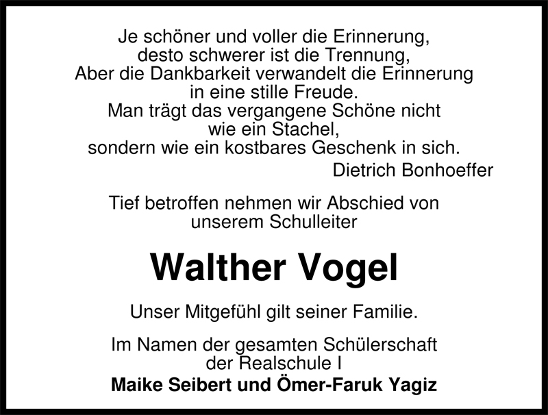  Traueranzeige für Walther Vogel vom 12.12.2008 aus Nordwest-Zeitung