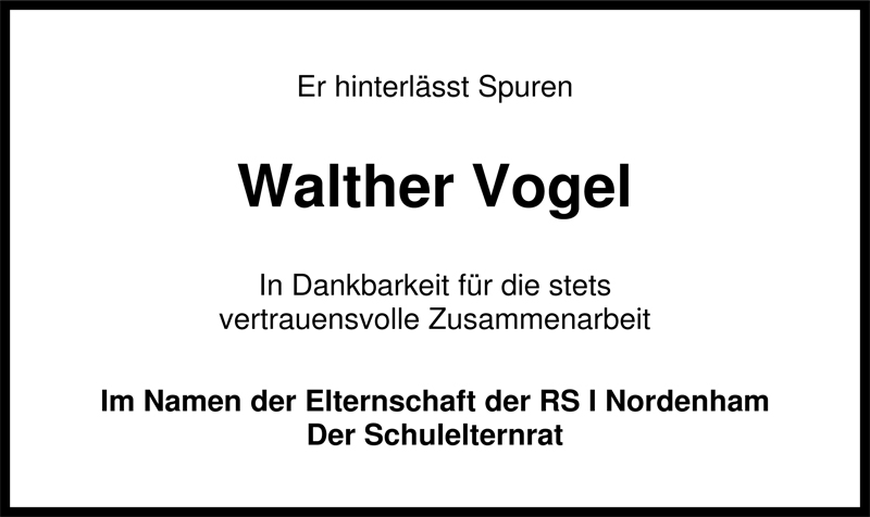  Traueranzeige für Walther Vogel vom 13.12.2008 aus Nordwest-Zeitung