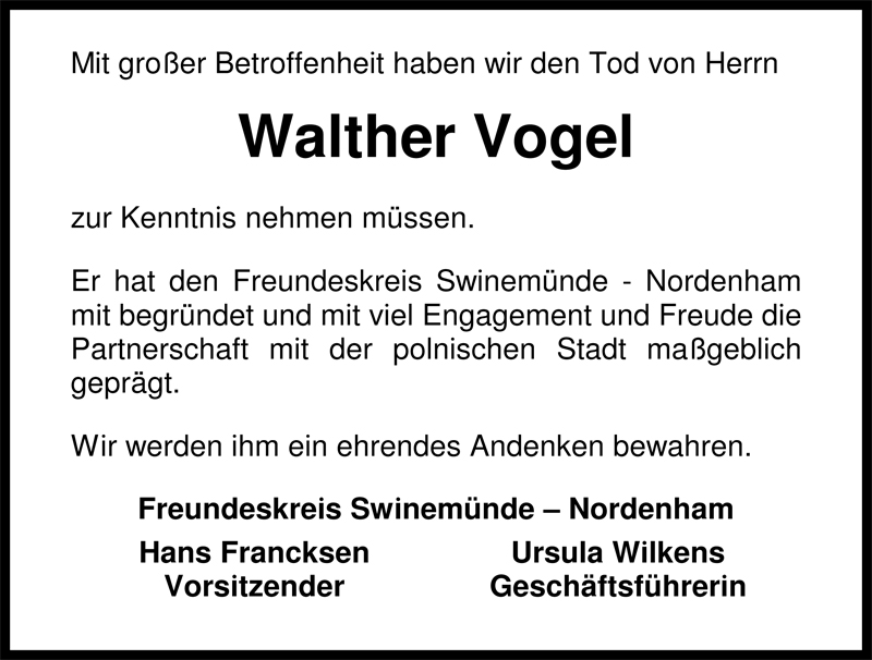  Traueranzeige für Walther Vogel vom 13.12.2008 aus Nordwest-Zeitung