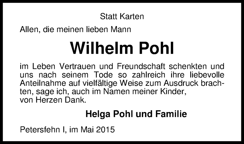  Traueranzeige für Wilhelm Pohl vom 29.05.2015 aus Nordwest-Zeitung