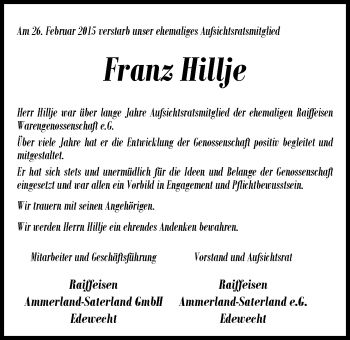Traueranzeige von Franz Hillje von Nordwest-Zeitung