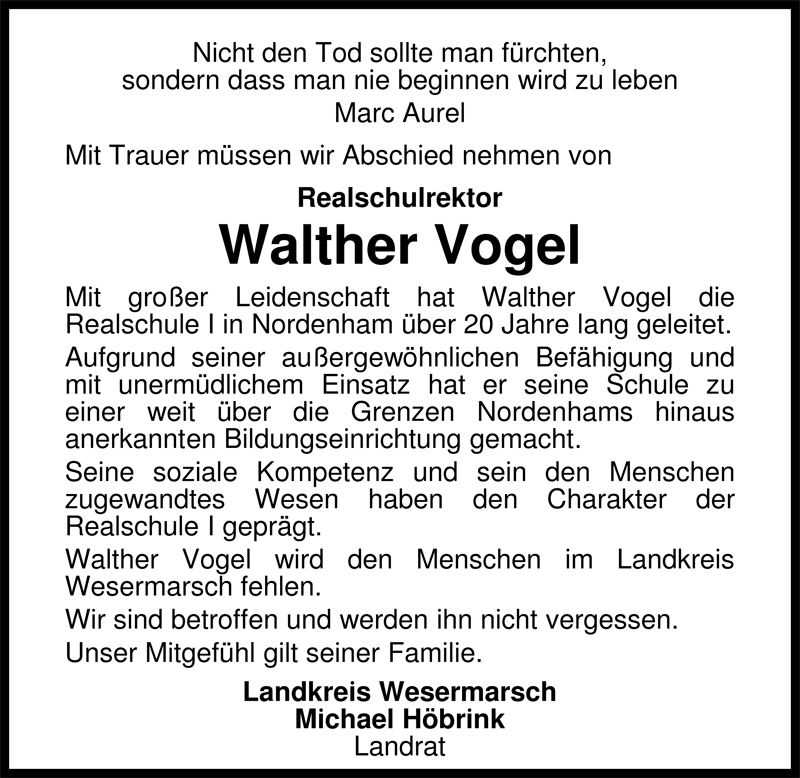  Traueranzeige für Walther Vogel vom 13.12.2008 aus Nordwest-Zeitung