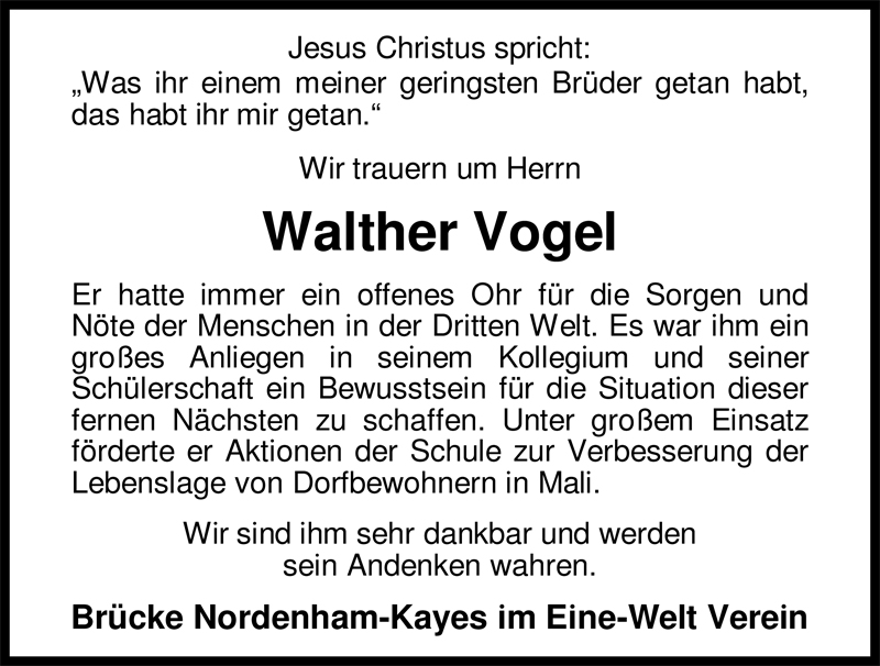  Traueranzeige für Walther Vogel vom 13.12.2008 aus Nordwest-Zeitung
