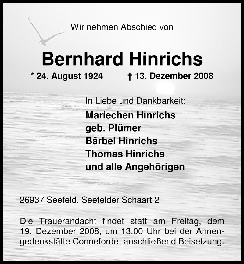  Traueranzeige für Bernhard Hinrichs vom 15.12.2008 aus Nordwest-Zeitung