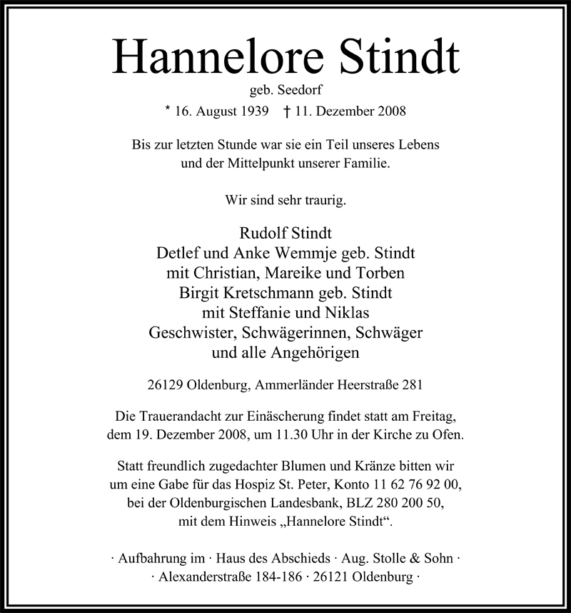  Traueranzeige für Hannelore Stindt vom 15.12.2008 aus Nordwest-Zeitung