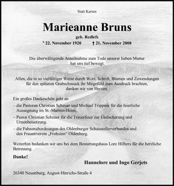 Traueranzeige von Marieanne Bruns von Nordwest-Zeitung