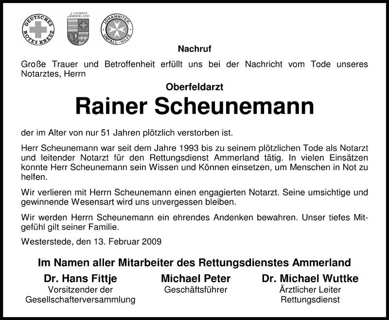 Traueranzeige für Rainer Scheunemann vom 13.02.2009 aus Nordwest-Zeitung