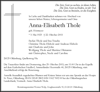 Traueranzeige von Anna-Elisabeth Thole von Nordwest-Zeitung