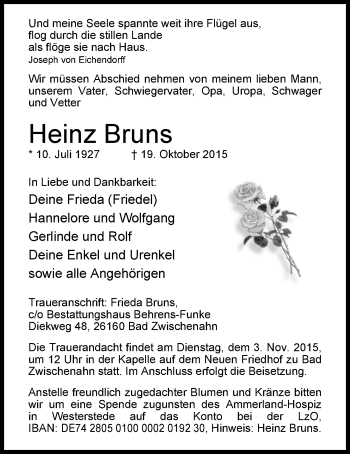 Traueranzeige von Heinz Bruns von Nordwest-Zeitung
