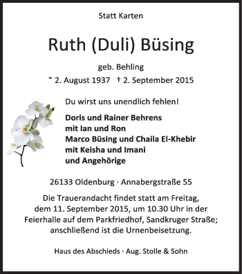 Traueranzeige von Ruth Büsing von Nordwest-Zeitung