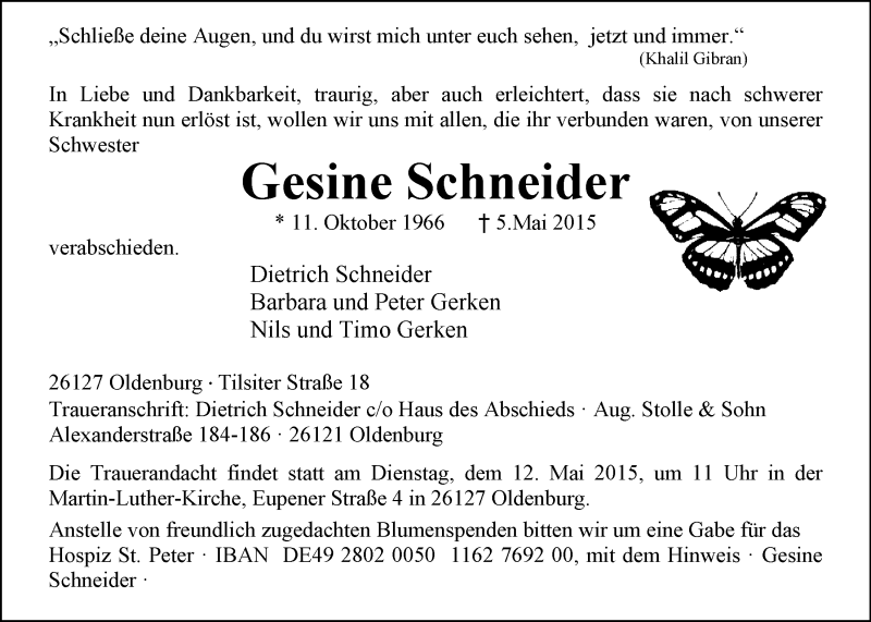  Traueranzeige für Gesine Schneider vom 09.05.2015 aus Nordwest-Zeitung