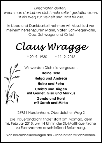 Traueranzeige von Claus Wragge von Nordwest-Zeitung