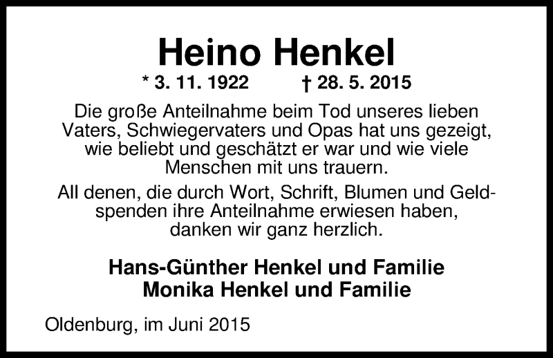  Traueranzeige für Heino Henkel vom 20.06.2015 aus Nordwest-Zeitung