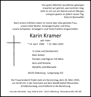 Traueranzeige von Karin Kramer von Nordwest-Zeitung