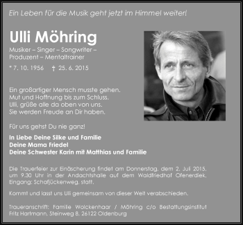 Traueranzeige von Ulli Möhring von Nordwest-Zeitung