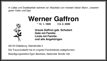 Traueranzeige von Werner Gaffron von Nordwest-Zeitung