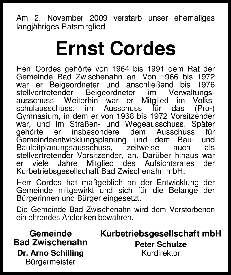  Traueranzeige für Ernst Cordes vom 14.11.2009 aus Nordwest-Zeitung