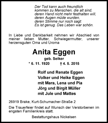 Traueranzeige von Anita Eggen von Nordwest-Zeitung
