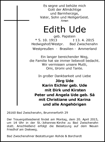 Traueranzeige von Edith Ude von Nordwest-Zeitung