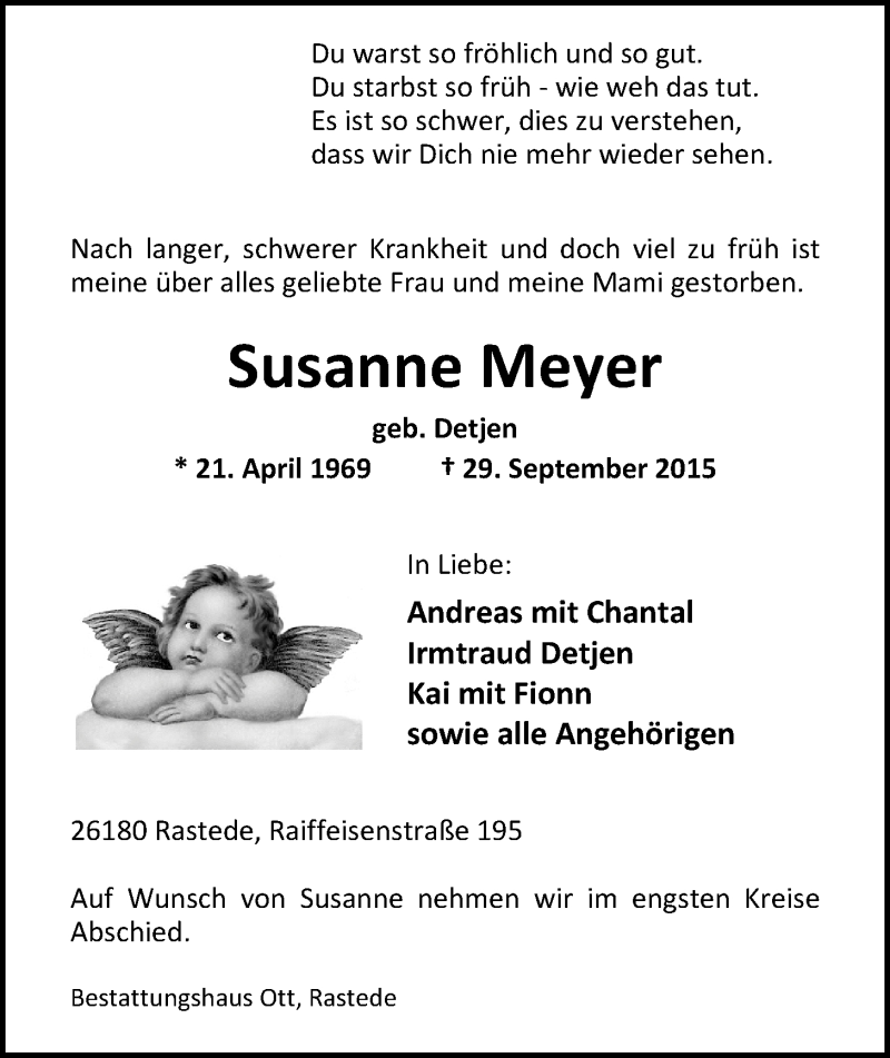  Traueranzeige für Susanne Meyer vom 02.10.2015 aus Nordwest-Zeitung