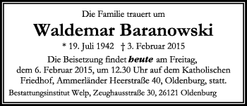 Traueranzeige von Waldemar Baranowski von Nordwest-Zeitung