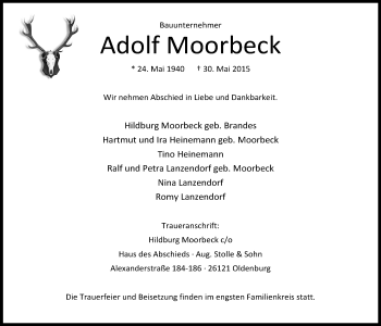 Traueranzeige von Adolf Moorbeck von Nordwest-Zeitung