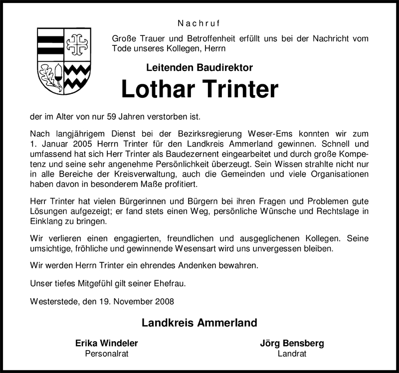  Traueranzeige für Lothar Trinter vom 22.11.2008 aus Nordwest-Zeitung
