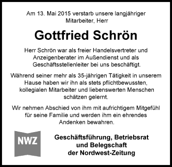 Traueranzeige von Gottfried Schrön von Nordwest-Zeitung