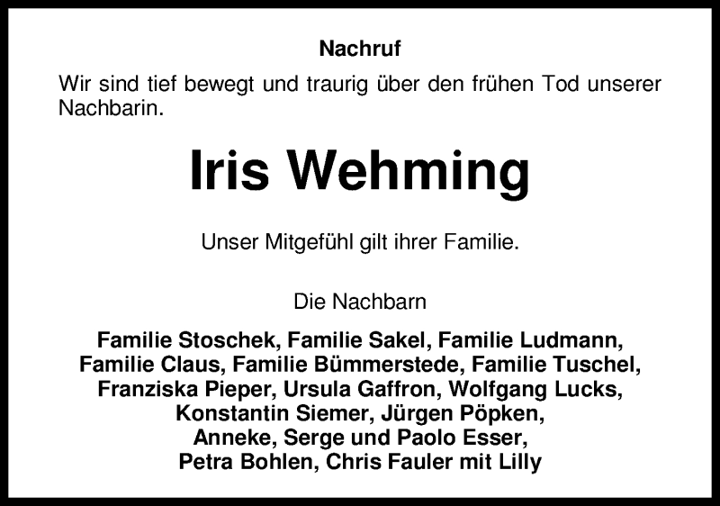  Traueranzeige für Iris Wehming vom 18.09.2015 aus Nordwest-Zeitung
