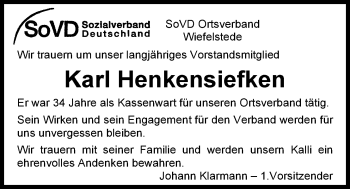 Traueranzeige von Karl Henkensiefken von Nordwest-Zeitung