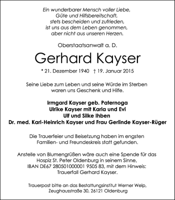 Traueranzeige von Gerhard Kayser von Nordwest-Zeitung