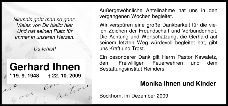  Traueranzeige für Gerhard Ihnen vom 12.12.2009 aus Nordwest-Zeitung