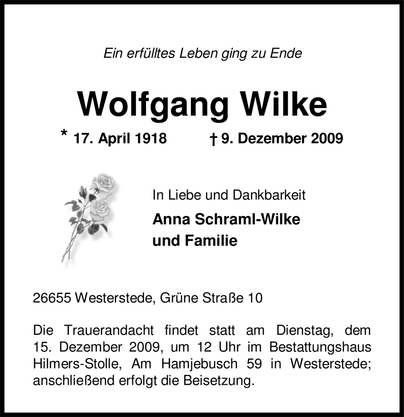  Traueranzeige für Wolfgang Wilke vom 12.12.2009 aus Nordwest-Zeitung