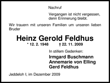 Traueranzeige von Heinz Gerold Feldhus von Nordwest-Zeitung