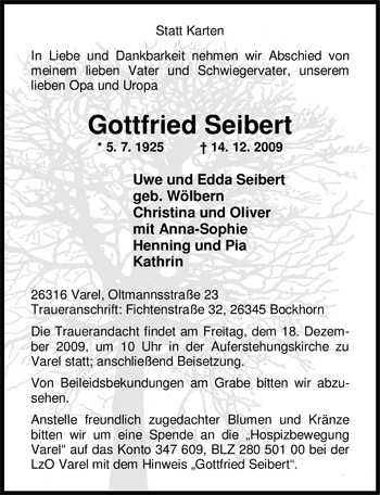 Traueranzeige von Gottfried Seibert von Nordwest-Zeitung