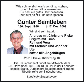 Traueranzeige von Günter Samtleben von Nordwest-Zeitung