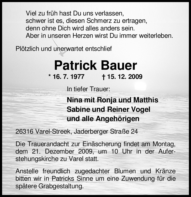 Traueranzeigen Von Patrick Bauer | Nordwest-trauer.de