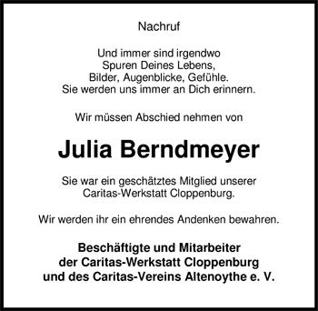 Traueranzeige von Julia Berndmeyer von Nordwest-Zeitung