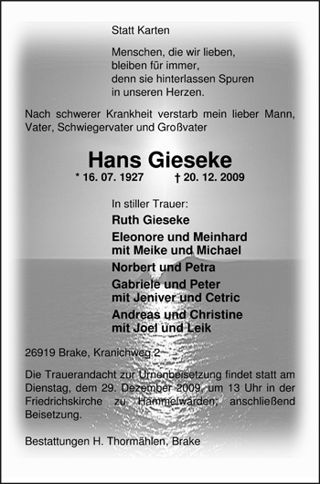 Traueranzeige von Hans Gieseke von Nordwest-Zeitung