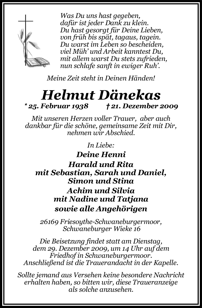  Traueranzeige für Helmut Dänekas vom 24.12.2009 aus Nordwest-Zeitung